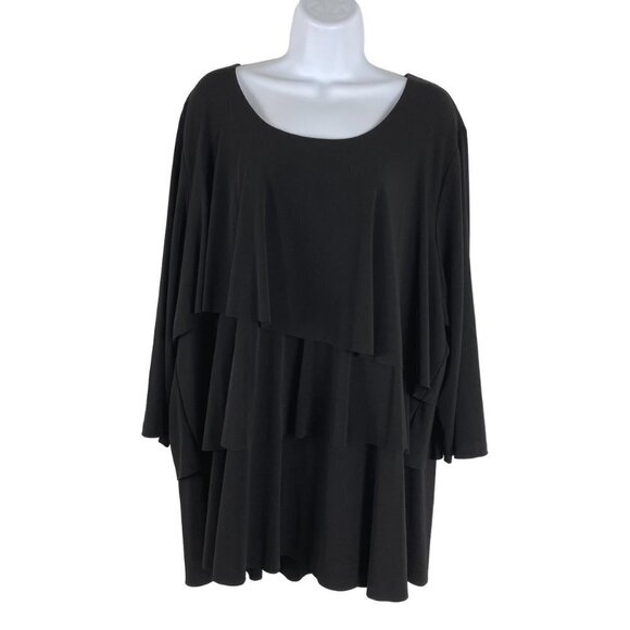 Susan Graver Top Women's 2X Ruffle Tiered Black Solid Stretch Polyester Spandex - Picture 3 of 7